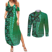 Samoan Pacific Tribal Flower Geometric Art Tattoos Couples Matching Summer Maxi Dress and Long Sleeve Button Shirt Siapo Pattern Emerald Glow LT03 Green - Polynesian Pride