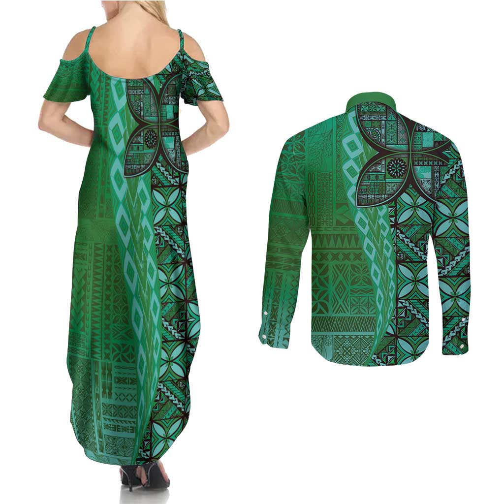Samoan Pacific Tribal Flower Geometric Art Tattoos Couples Matching Summer Maxi Dress and Long Sleeve Button Shirt Siapo Pattern Emerald Glow LT03 - Polynesian Pride