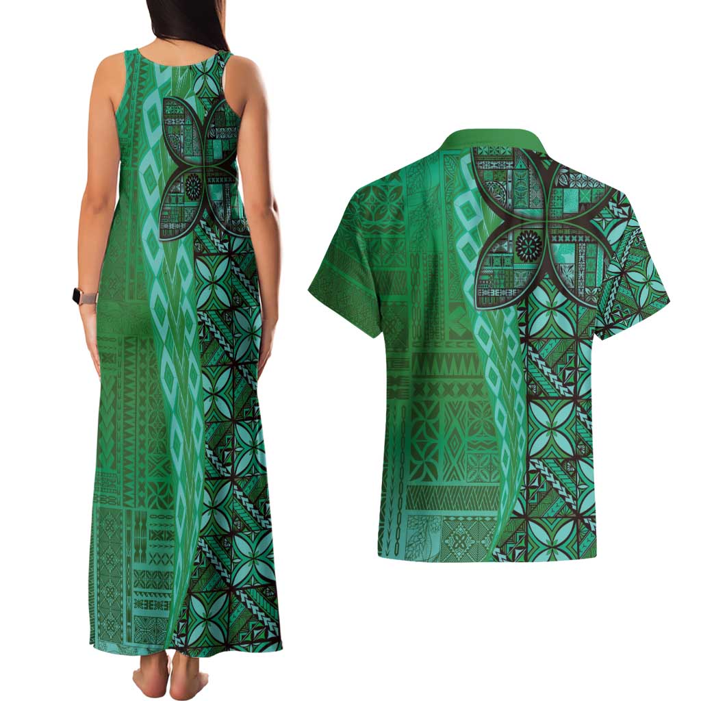 Samoan Pacific Tribal Flower Geometric Art Tattoos Couples Matching Tank Maxi Dress and Hawaiian Shirt Siapo Pattern Emerald Glow LT03 - Polynesian Pride