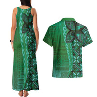 Samoan Pacific Tribal Flower Geometric Art Tattoos Couples Matching Tank Maxi Dress and Hawaiian Shirt Siapo Pattern Emerald Glow LT03 - Polynesian Pride