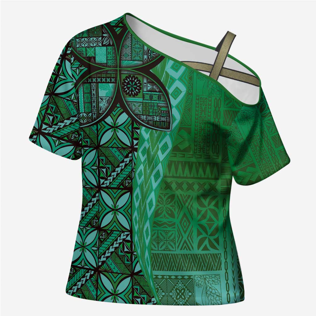 Samoan Pacific Tribal Flower Geometric Art Tattoos Cross Shoulder Shirt Siapo Pattern Emerald Glow - Polynesian Pride