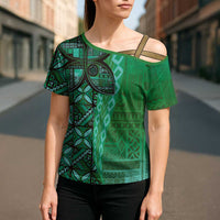 Samoan Pacific Tribal Flower Geometric Art Tattoos Cross Shoulder Shirt Siapo Pattern Emerald Glow - Polynesian Pride