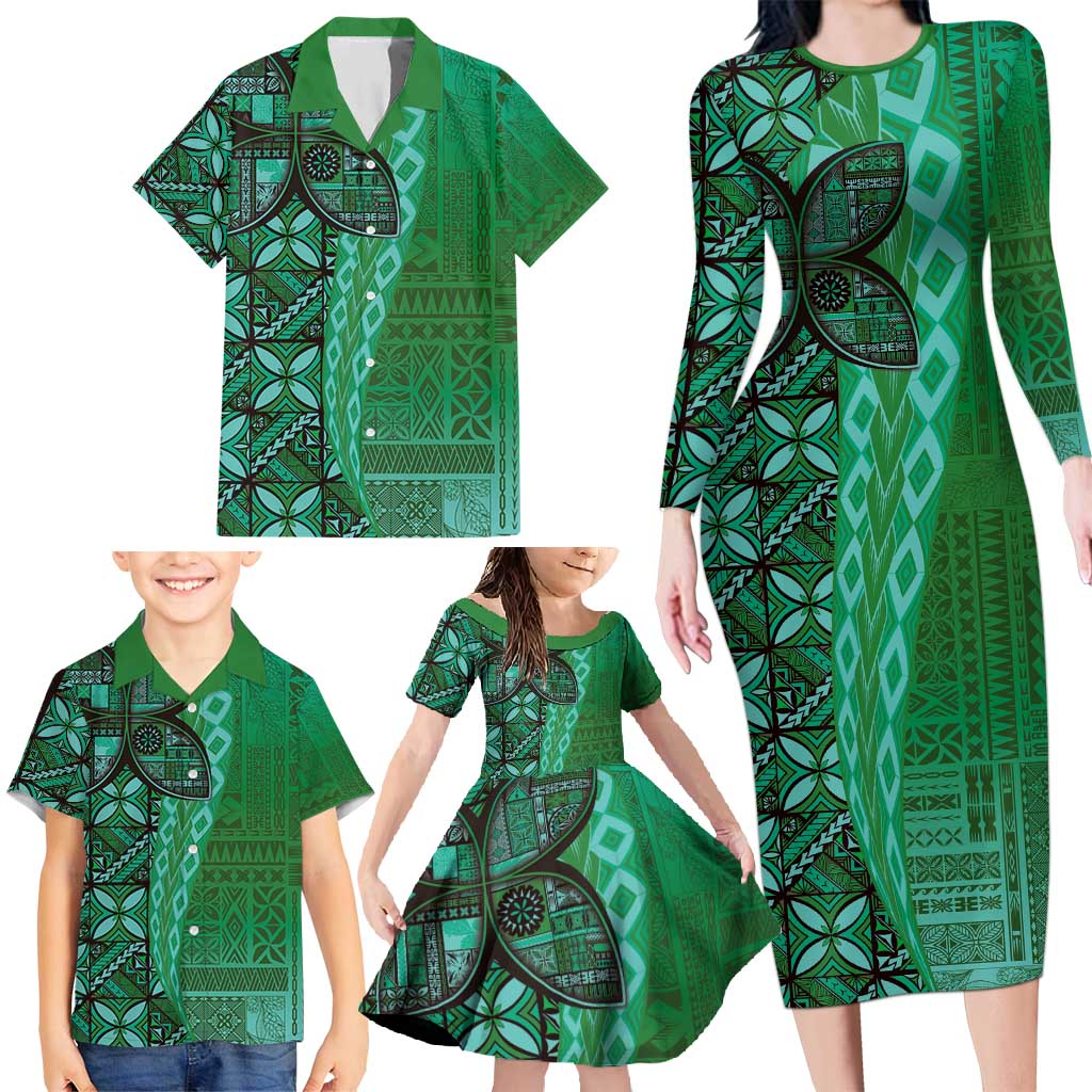Samoan Pacific Tribal Flower Geometric Art Tattoos Family Matching Long Sleeve Bodycon Dress and Hawaiian Shirt Siapo Pattern Emerald Glow LT03 - Polynesian Pride