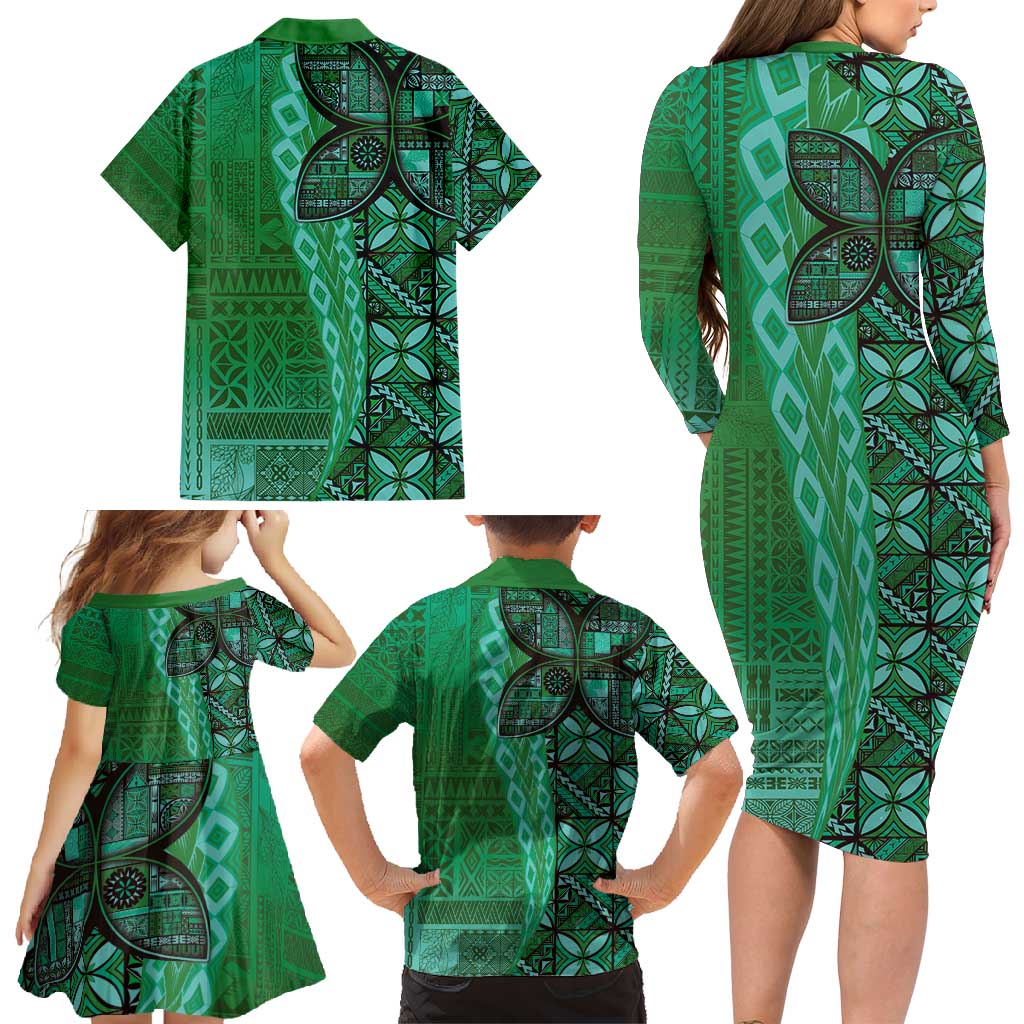 Samoan Pacific Tribal Flower Geometric Art Tattoos Family Matching Long Sleeve Bodycon Dress and Hawaiian Shirt Siapo Pattern Emerald Glow LT03 - Polynesian Pride