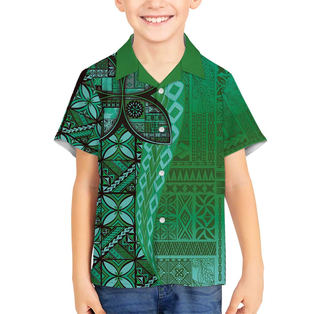 Samoan Pacific Tribal Flower Geometric Art Tattoos Family Matching Long Sleeve Bodycon Dress and Hawaiian Shirt Siapo Pattern Emerald Glow LT03 Son's Shirt Green - Polynesian Pride