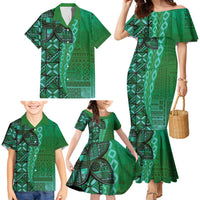 Samoan Pacific Tribal Flower Geometric Art Tattoos Family Matching Mermaid Dress and Hawaiian Shirt Siapo Pattern Emerald Glow LT03 - Polynesian Pride