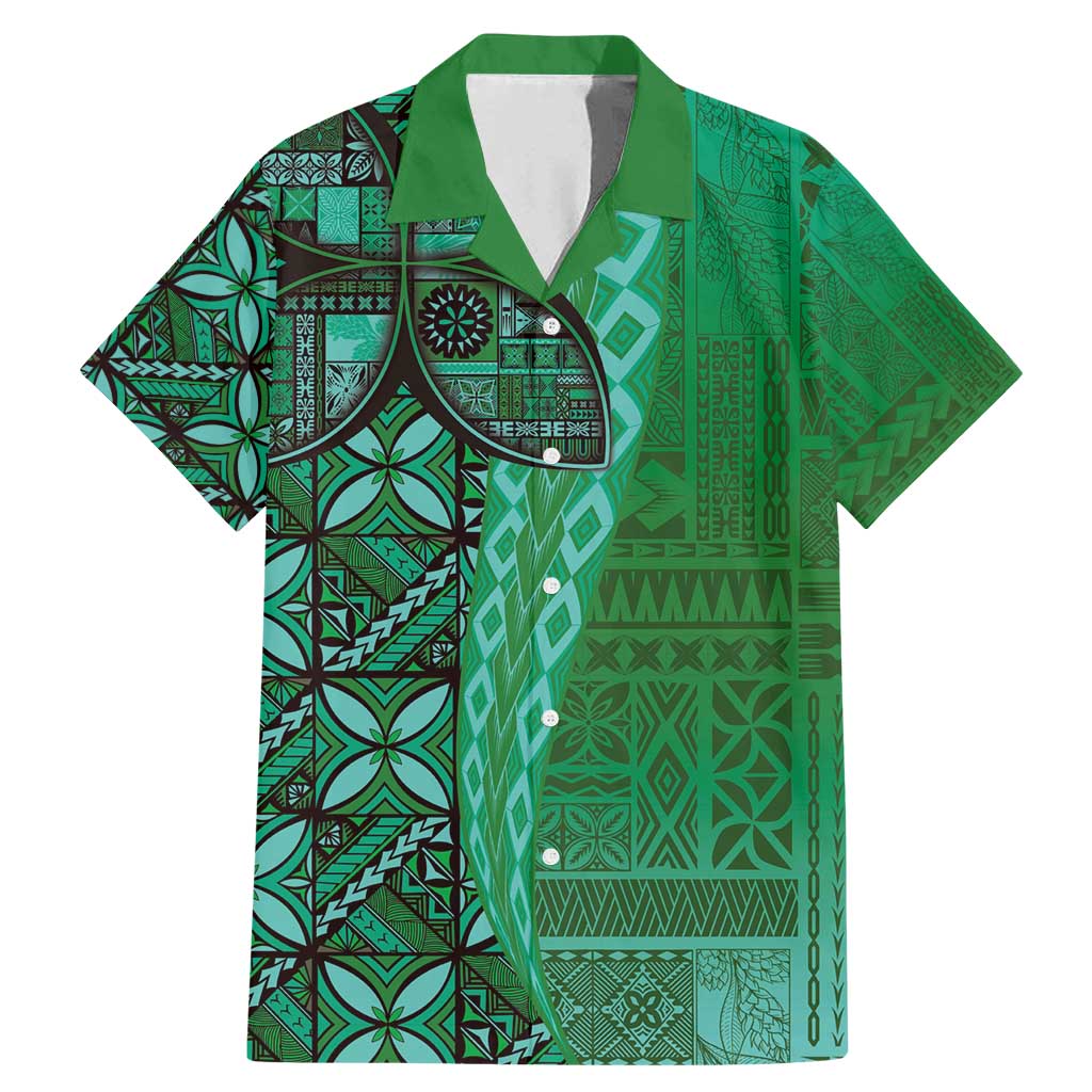 Samoan Pacific Tribal Flower Geometric Art Tattoos Family Matching Mermaid Dress and Hawaiian Shirt Siapo Pattern Emerald Glow LT03 Dad's Shirt - Short Sleeve Green - Polynesian Pride
