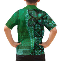 Samoan Pacific Tribal Flower Geometric Art Tattoos Family Matching Off The Shoulder Long Sleeve Dress and Hawaiian Shirt Siapo Pattern Emerald Glow LT03 - Polynesian Pride