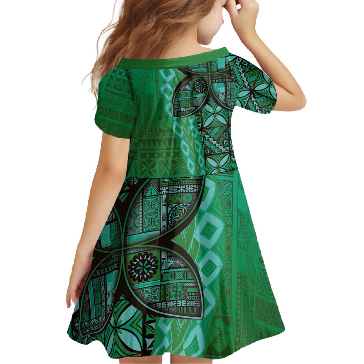 Samoan Pacific Tribal Flower Geometric Art Tattoos Family Matching Off The Shoulder Long Sleeve Dress and Hawaiian Shirt Siapo Pattern Emerald Glow LT03 - Polynesian Pride