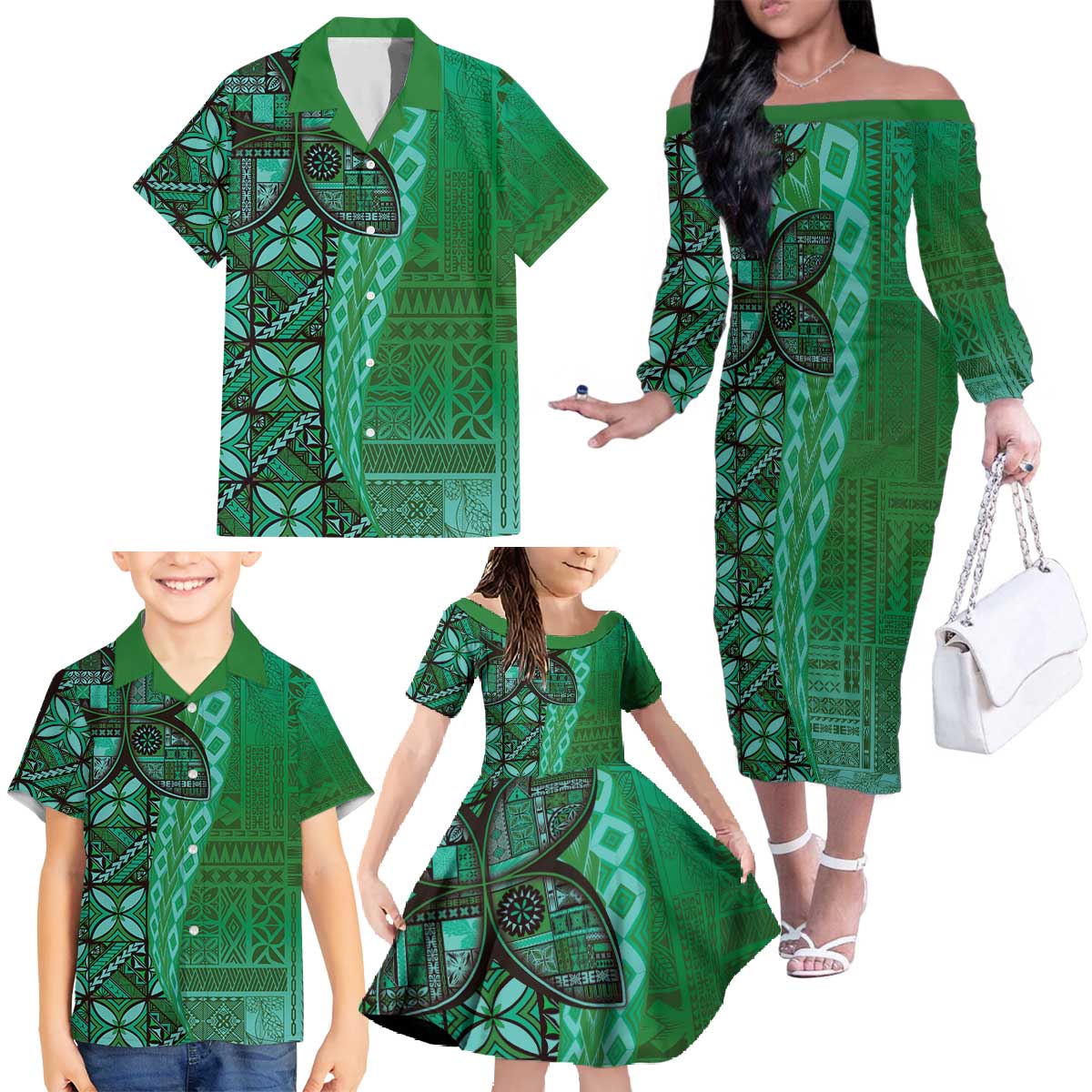 Samoan Pacific Tribal Flower Geometric Art Tattoos Family Matching Off The Shoulder Long Sleeve Dress and Hawaiian Shirt Siapo Pattern Emerald Glow LT03 - Polynesian Pride