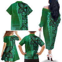 Samoan Pacific Tribal Flower Geometric Art Tattoos Family Matching Off The Shoulder Long Sleeve Dress and Hawaiian Shirt Siapo Pattern Emerald Glow LT03 - Polynesian Pride