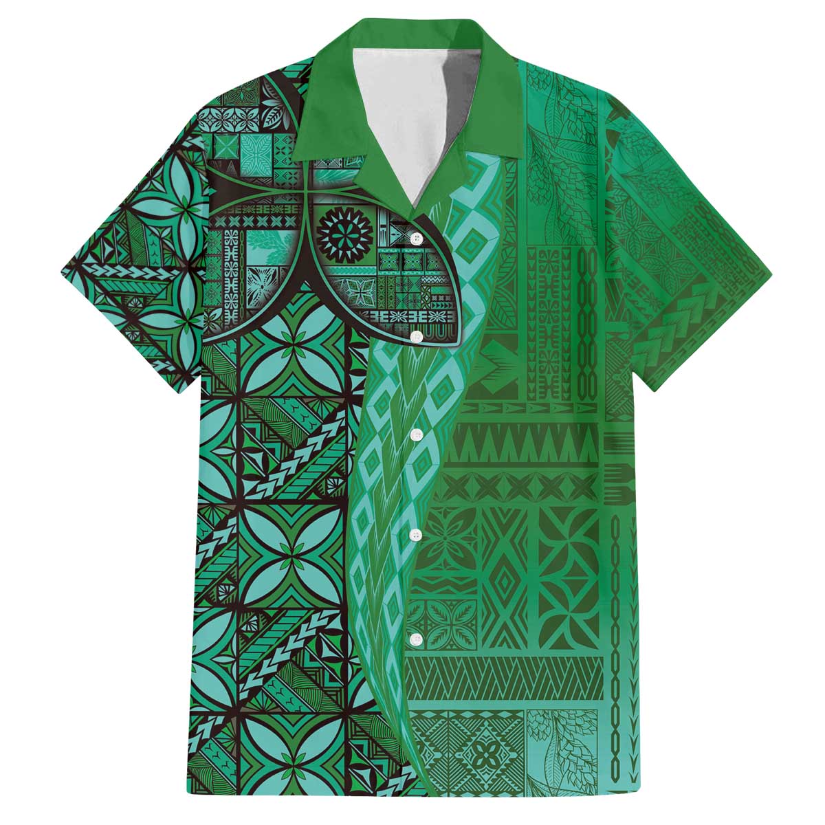 Samoan Pacific Tribal Flower Geometric Art Tattoos Family Matching Off The Shoulder Long Sleeve Dress and Hawaiian Shirt Siapo Pattern Emerald Glow LT03 Dad's Shirt - Short Sleeve Green - Polynesian Pride