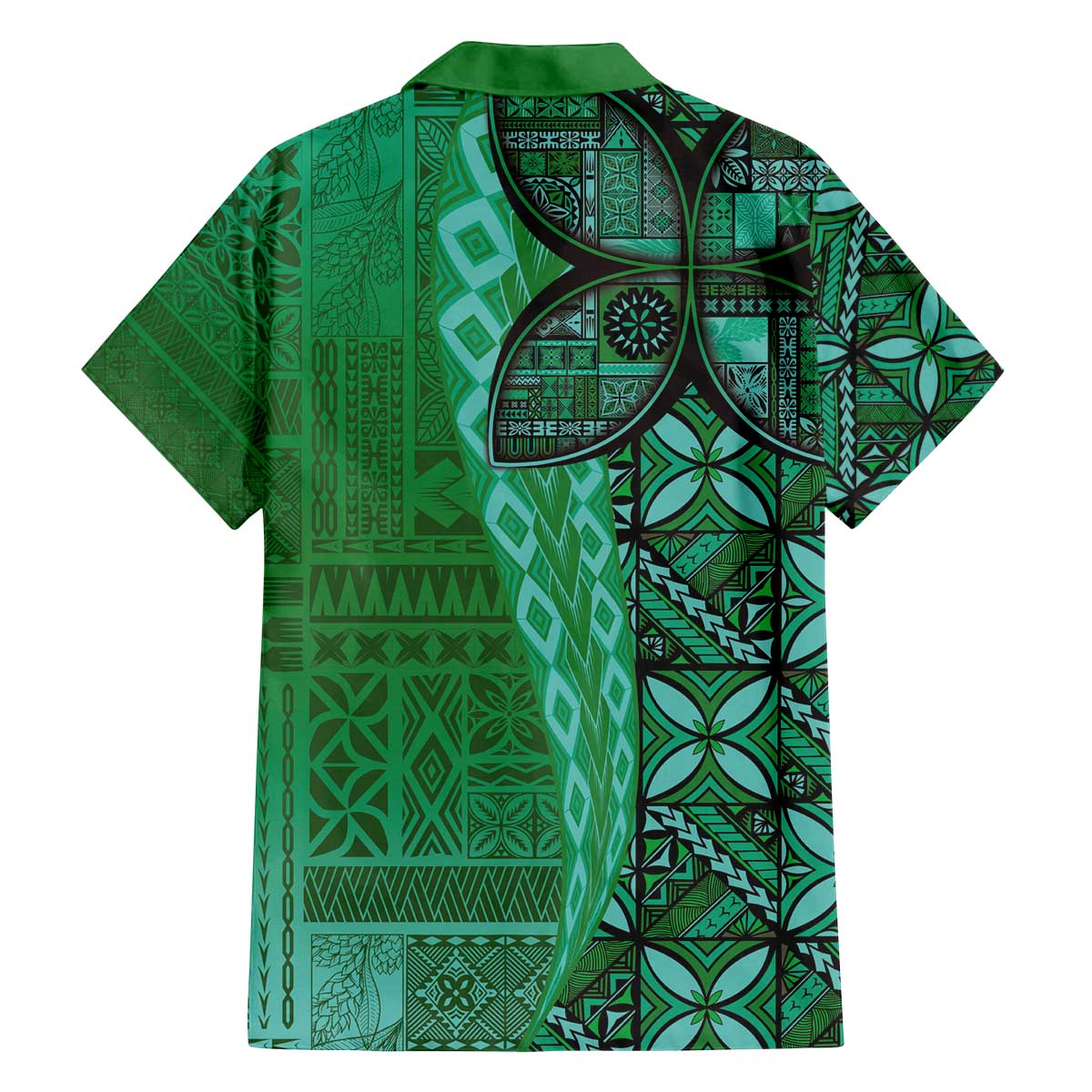 Samoan Pacific Tribal Flower Geometric Art Tattoos Family Matching Off The Shoulder Long Sleeve Dress and Hawaiian Shirt Siapo Pattern Emerald Glow LT03 - Polynesian Pride