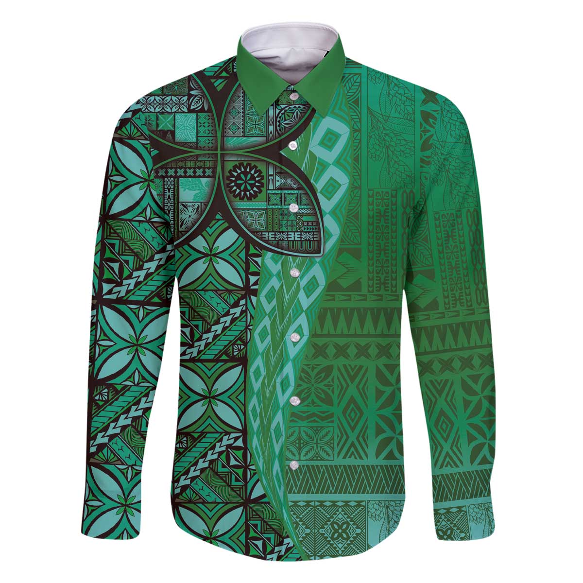Samoan Pacific Tribal Flower Geometric Art Tattoos Family Matching Off The Shoulder Long Sleeve Dress and Hawaiian Shirt Siapo Pattern Emerald Glow LT03 Dad's Shirt - Long Sleeve Green - Polynesian Pride