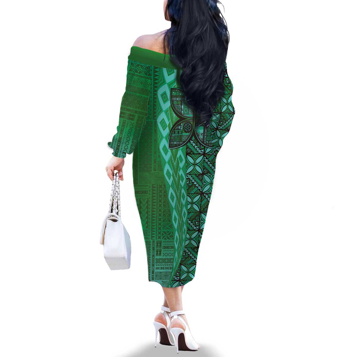 Samoan Pacific Tribal Flower Geometric Art Tattoos Family Matching Off The Shoulder Long Sleeve Dress and Hawaiian Shirt Siapo Pattern Emerald Glow LT03 - Polynesian Pride