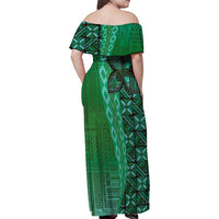 Samoan Pacific Tribal Flower Geometric Art Tattoos Family Matching Off Shoulder Maxi Dress and Hawaiian Shirt Siapo Pattern Emerald Glow LT03 - Polynesian Pride