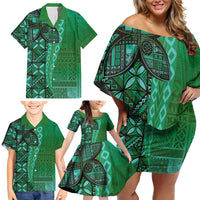 Samoan Pacific Tribal Flower Geometric Art Tattoos Family Matching Off Shoulder Short Dress and Hawaiian Shirt Siapo Pattern Emerald Glow LT03 - Polynesian Pride