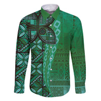 Samoan Pacific Tribal Flower Geometric Art Tattoos Family Matching Off Shoulder Short Dress and Hawaiian Shirt Siapo Pattern Emerald Glow LT03 Dad's Shirt - Long Sleeve Green - Polynesian Pride