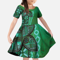Samoan Pacific Tribal Flower Geometric Art Tattoos Family Matching Puletasi and Hawaiian Shirt Siapo Pattern Emerald Glow LT03 Daughter's Dress Green - Polynesian Pride