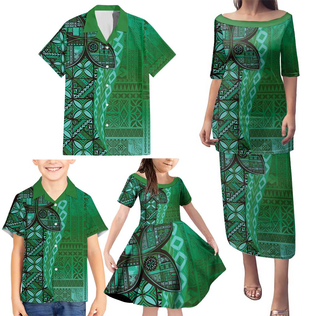 Samoan Pacific Tribal Flower Geometric Art Tattoos Family Matching Puletasi and Hawaiian Shirt Siapo Pattern Emerald Glow LT03 - Polynesian Pride