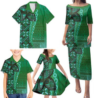 Samoan Pacific Tribal Flower Geometric Art Tattoos Family Matching Puletasi and Hawaiian Shirt Siapo Pattern Emerald Glow LT03 - Polynesian Pride