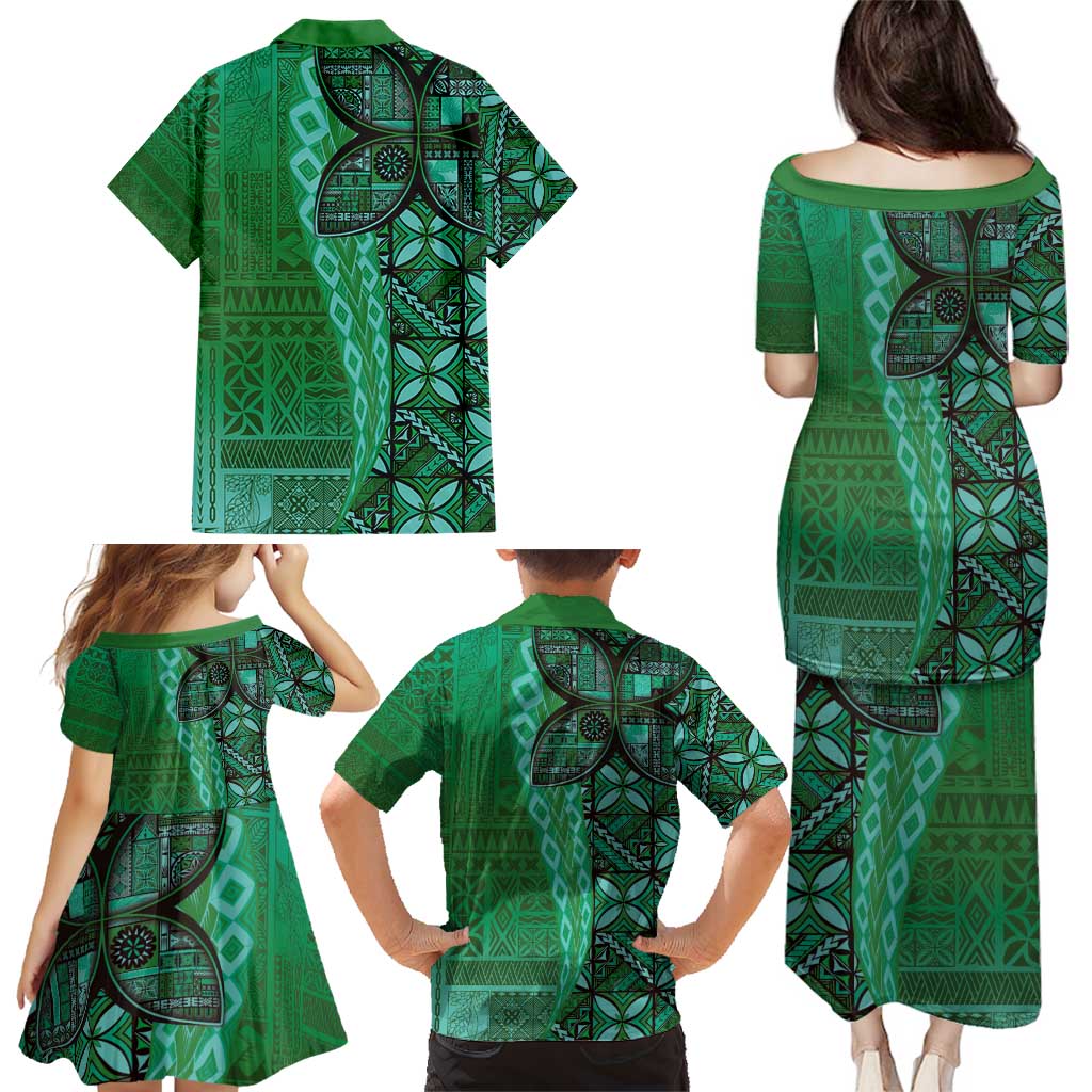 Samoan Pacific Tribal Flower Geometric Art Tattoos Family Matching Puletasi and Hawaiian Shirt Siapo Pattern Emerald Glow LT03 - Polynesian Pride