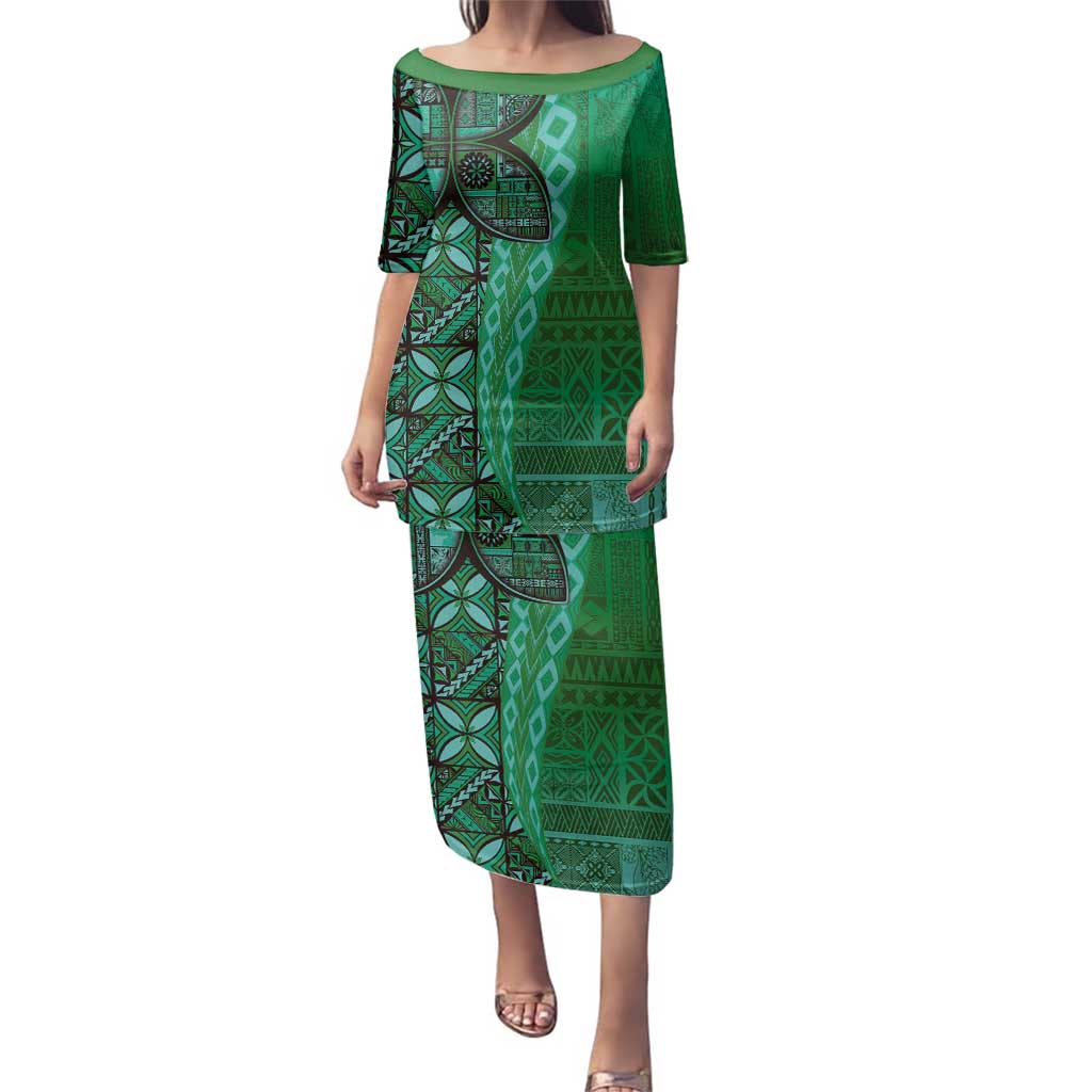 Samoan Pacific Tribal Flower Geometric Art Tattoos Family Matching Puletasi and Hawaiian Shirt Siapo Pattern Emerald Glow LT03 Mom's Dress Green - Polynesian Pride