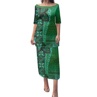 Samoan Pacific Tribal Flower Geometric Art Tattoos Family Matching Puletasi and Hawaiian Shirt Siapo Pattern Emerald Glow LT03 Mom's Dress Green - Polynesian Pride