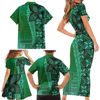 Samoan Pacific Tribal Flower Geometric Art Tattoos Family Matching Short Sleeve Bodycon Dress and Hawaiian Shirt Siapo Pattern Emerald Glow LT03 - Polynesian Pride