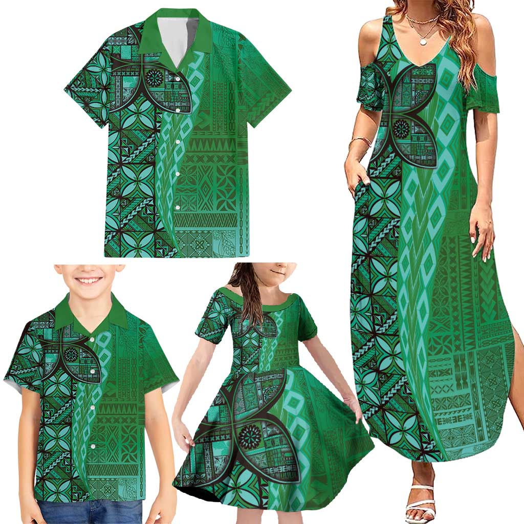 Samoan Pacific Tribal Flower Geometric Art Tattoos Family Matching Summer Maxi Dress and Hawaiian Shirt Siapo Pattern Emerald Glow LT03 - Polynesian Pride
