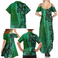 Samoan Pacific Tribal Flower Geometric Art Tattoos Family Matching Summer Maxi Dress and Hawaiian Shirt Siapo Pattern Emerald Glow LT03 - Polynesian Pride
