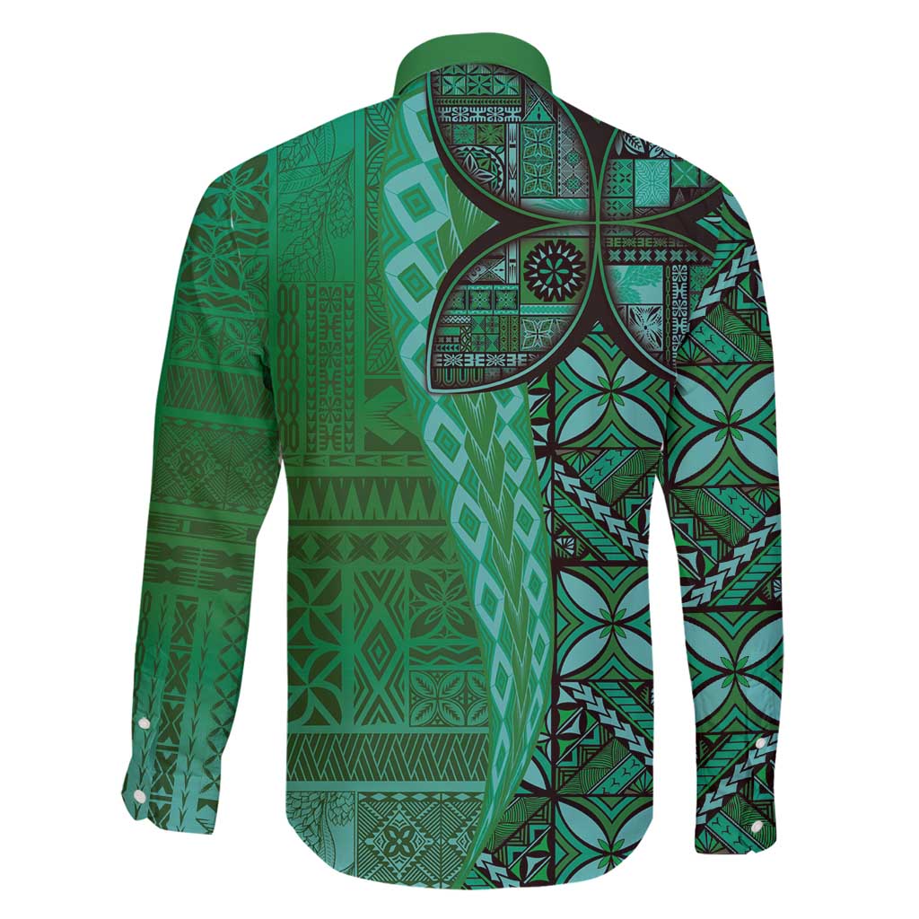 Samoan Pacific Tribal Flower Geometric Art Tattoos Family Matching Summer Maxi Dress and Hawaiian Shirt Siapo Pattern Emerald Glow LT03 - Polynesian Pride