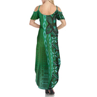 Samoan Pacific Tribal Flower Geometric Art Tattoos Family Matching Summer Maxi Dress and Hawaiian Shirt Siapo Pattern Emerald Glow LT03 - Polynesian Pride