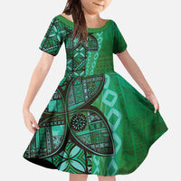 Samoan Pacific Tribal Flower Geometric Art Tattoos Family Matching Tank Maxi Dress and Hawaiian Shirt Siapo Pattern Emerald Glow LT03 Daughter's Dress Green - Polynesian Pride