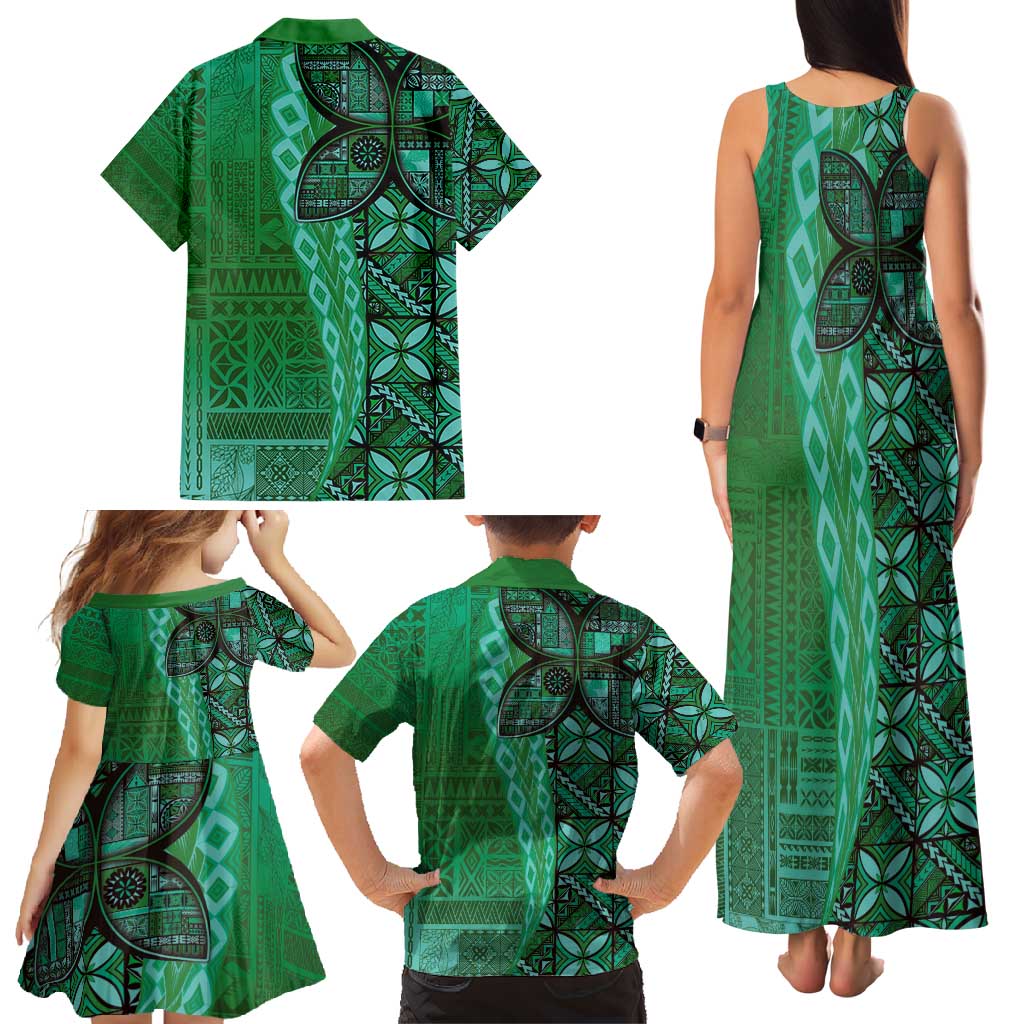 Samoan Pacific Tribal Flower Geometric Art Tattoos Family Matching Tank Maxi Dress and Hawaiian Shirt Siapo Pattern Emerald Glow LT03 - Polynesian Pride