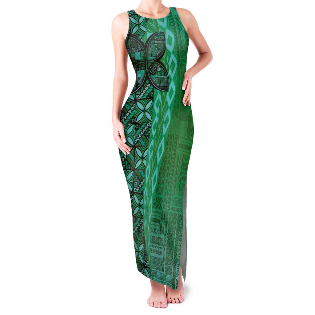 Samoan Pacific Tribal Flower Geometric Art Tattoos Family Matching Tank Maxi Dress and Hawaiian Shirt Siapo Pattern Emerald Glow LT03 Mom's Dress Green - Polynesian Pride