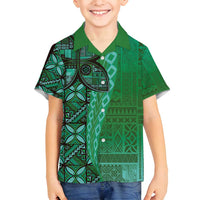 Samoan Pacific Tribal Flower Geometric Art Tattoos Family Matching Tank Maxi Dress and Hawaiian Shirt Siapo Pattern Emerald Glow LT03 Son's Shirt Green - Polynesian Pride