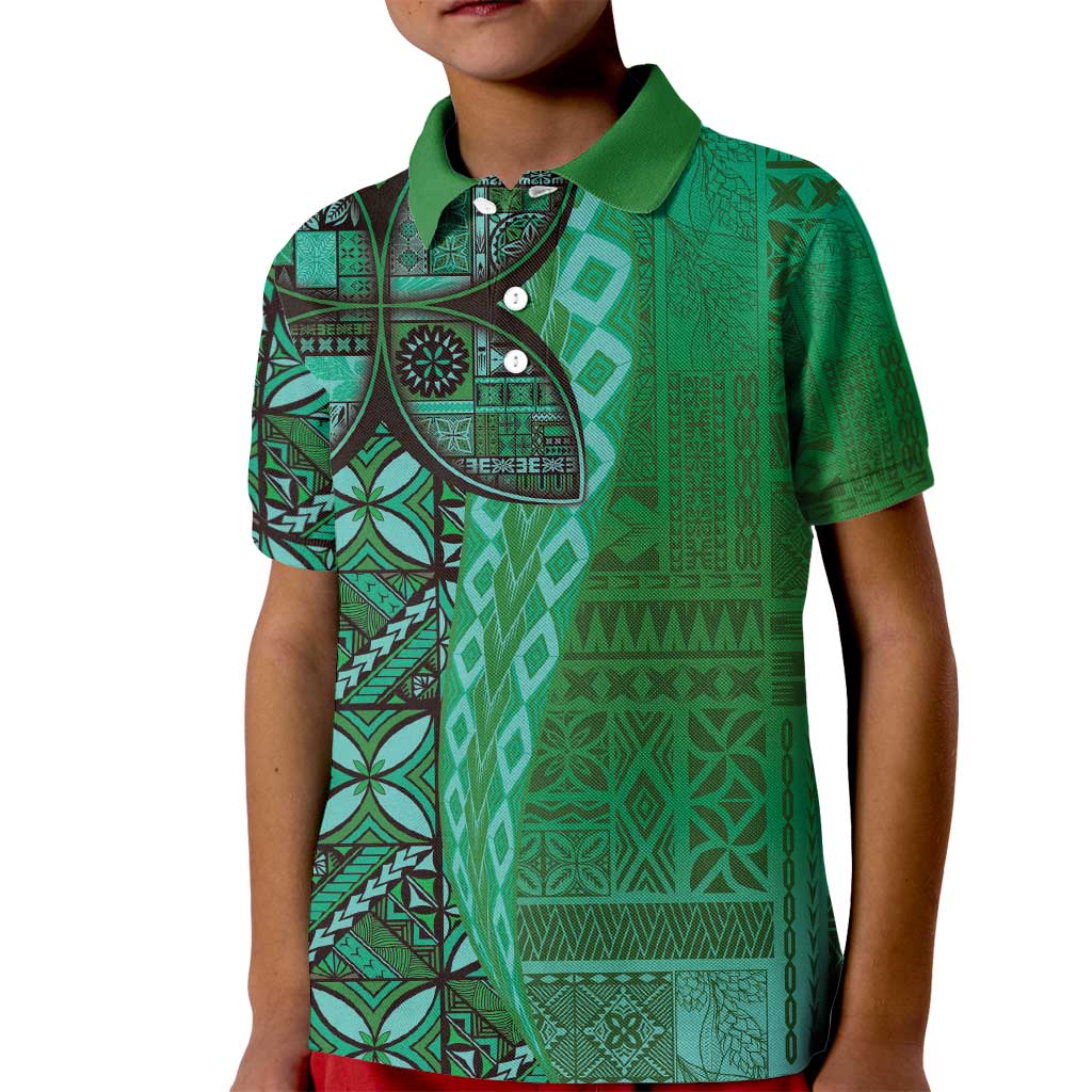 Samoan Pacific Tribal Flower Geometric Art Tattoos Kid Polo Shirt Siapo Pattern Emerald Glow LT03 Kid Green - Polynesian Pride
