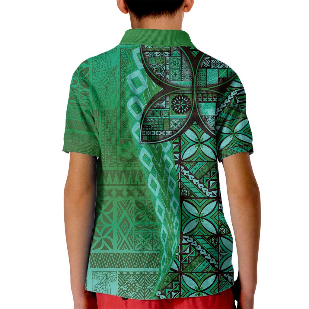 Samoan Pacific Tribal Flower Geometric Art Tattoos Kid Polo Shirt Siapo Pattern Emerald Glow LT03 - Polynesian Pride