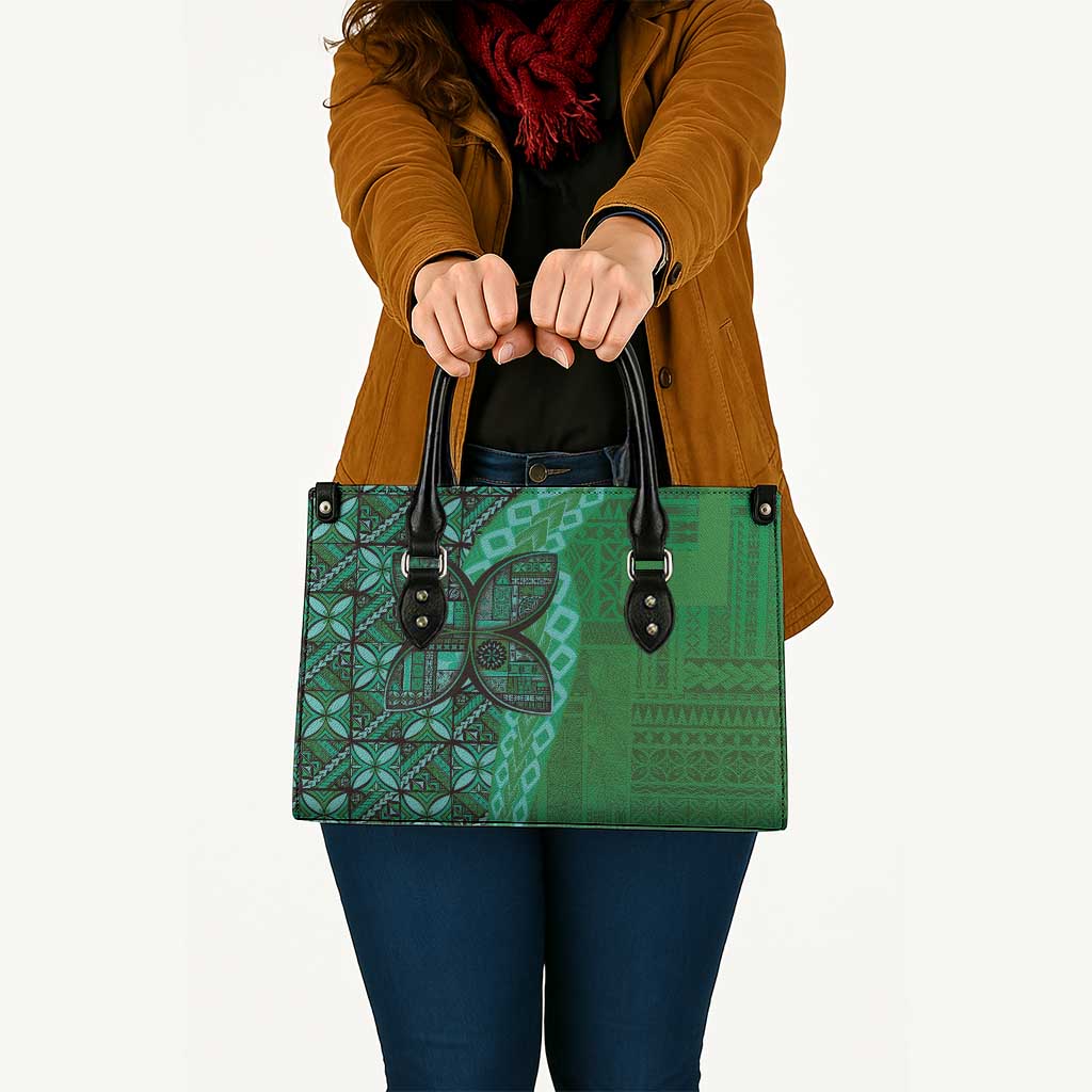 Samoan Pacific Tribal Flower Geometric Art Tattoos Leather Bag Siapo Pattern Emerald Glow - Polynesian Pride