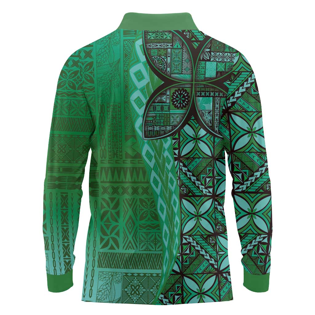 Samoan Pacific Tribal Flower Geometric Art Tattoos Long Sleeve Polo Shirt Siapo Pattern Emerald Glow LT03 - Polynesian Pride