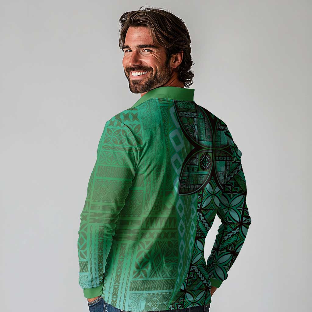 Samoan Pacific Tribal Flower Geometric Art Tattoos Long Sleeve Polo Shirt Siapo Pattern Emerald Glow LT03 - Polynesian Pride