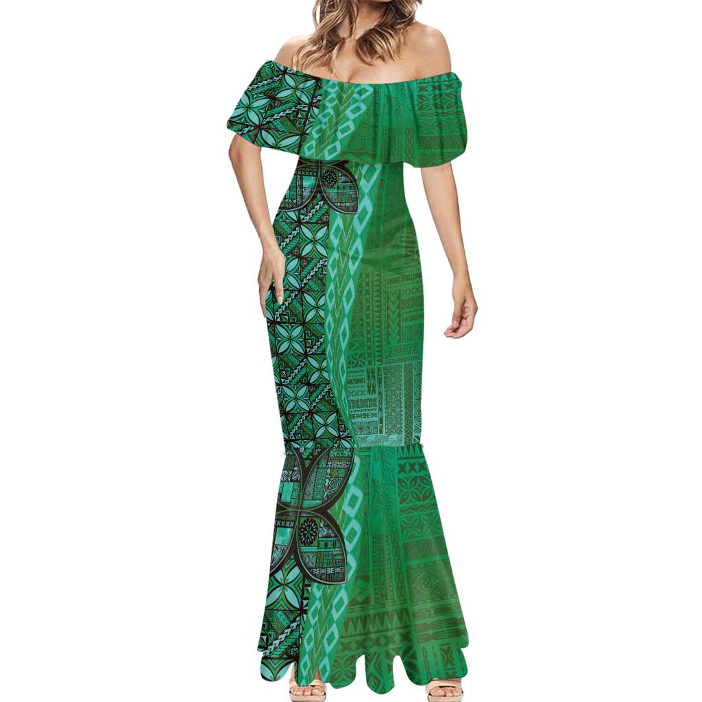 Samoan Pacific Tribal Flower Geometric Art Tattoos Mermaid Dress Siapo Pattern Emerald Glow - Polynesian Pride