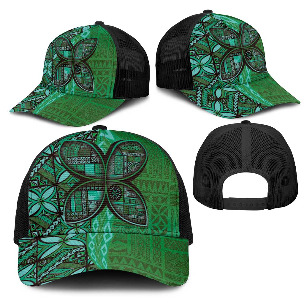 Samoan Pacific Tribal Flower Geometric Art Tattoos Mesh Trucker Cap Siapo Pattern Emerald Glow - Polynesian Pride
