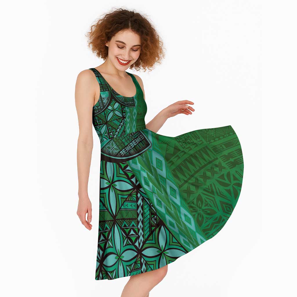 Samoan Pacific Tribal Flower Geometric Art Tattoos Midi Dress Siapo Pattern Emerald Glow - Polynesian Pride