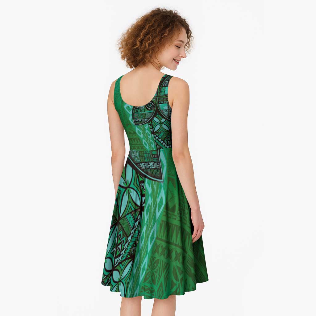 Samoan Pacific Tribal Flower Geometric Art Tattoos Midi Dress Siapo Pattern Emerald Glow - Polynesian Pride