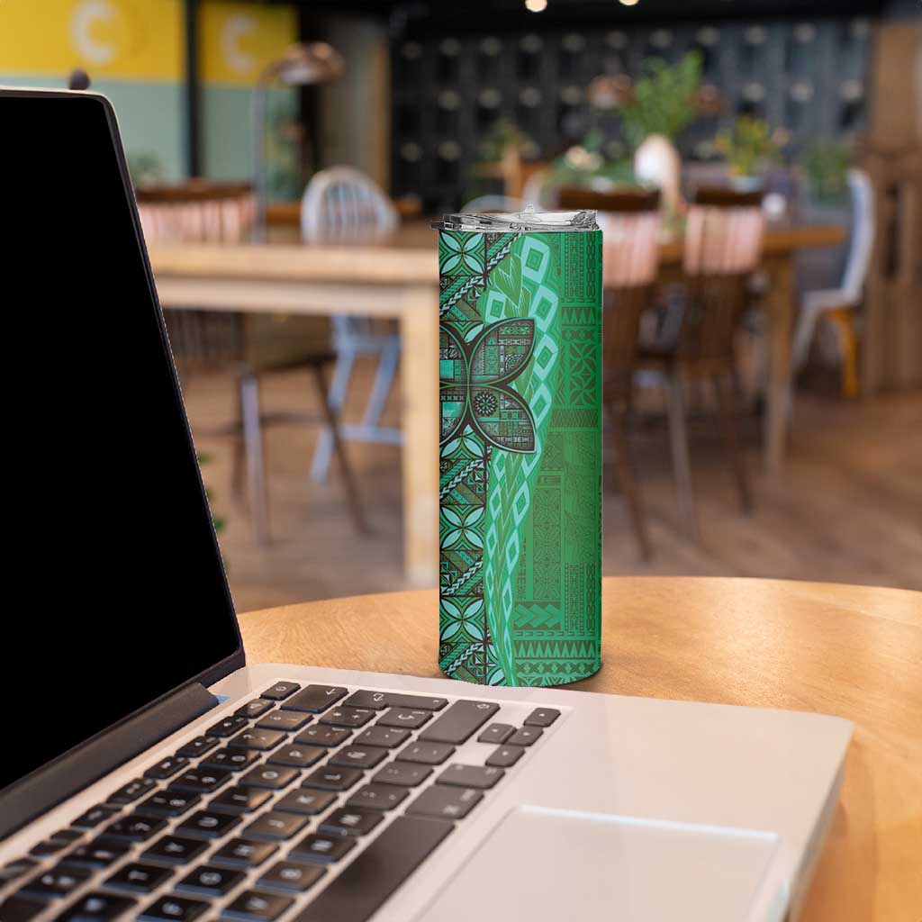 Samoan Pacific Tribal Flower Geometric Art Tattoos Skinny Tumbler Siapo Pattern Emerald Glow - Polynesian Pride