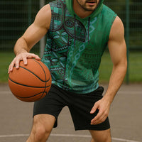 Samoan Pacific Tribal Flower Geometric Art Tattoos Sleeveless Hoodie Siapo Pattern Emerald Glow - Polynesian Pride