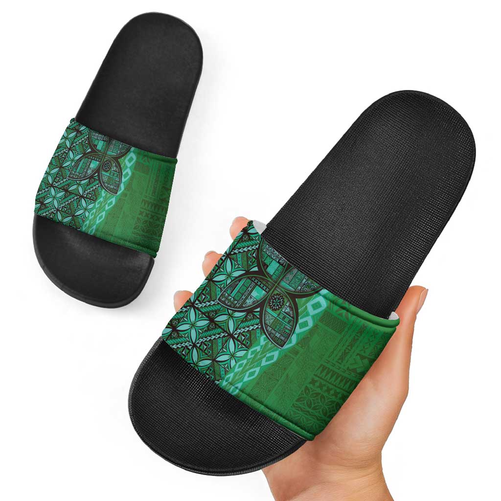 Samoan Pacific Tribal Flower Geometric Art Tattoos Slide Sandals Siapo Pattern Emerald Glow - Polynesian Pride