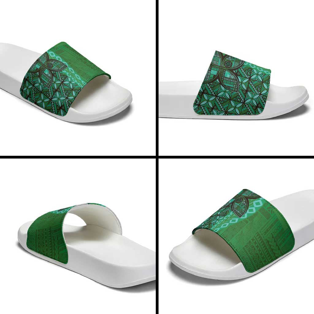 Samoan Pacific Tribal Flower Geometric Art Tattoos Slide Sandals Siapo Pattern Emerald Glow - Polynesian Pride